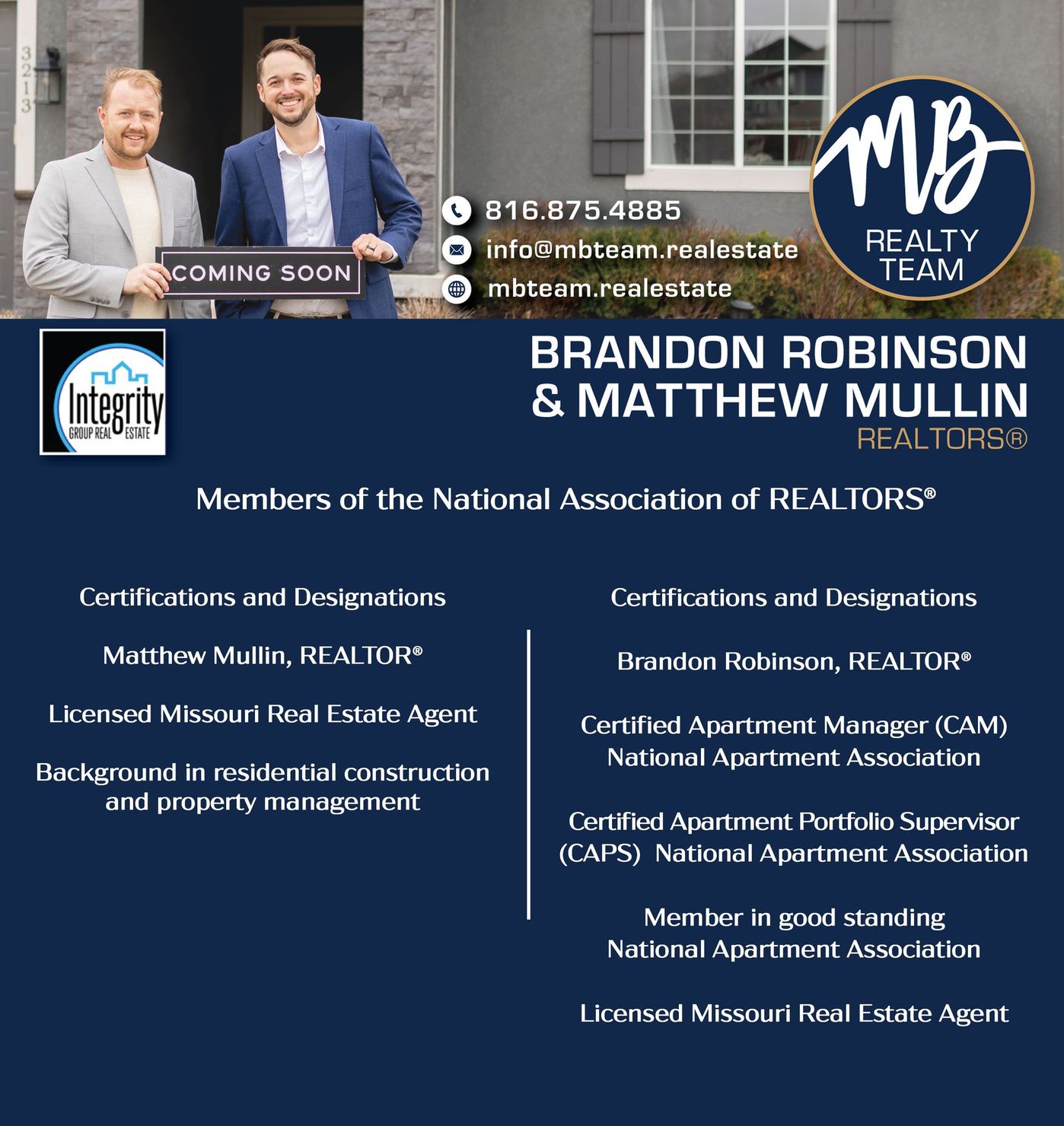 Real estate professionals Brandon Robinson and Matthew Mullin of MB Realty Team, with contact info and professional titles.