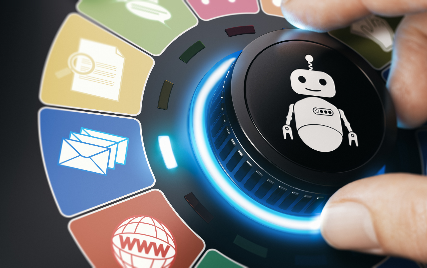 A person is pressing a button with a robot on it