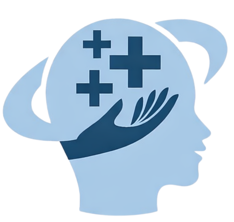 A stylized silhouette of a head in light blue containing a dark blue hand reaching toward three medical plus signs.