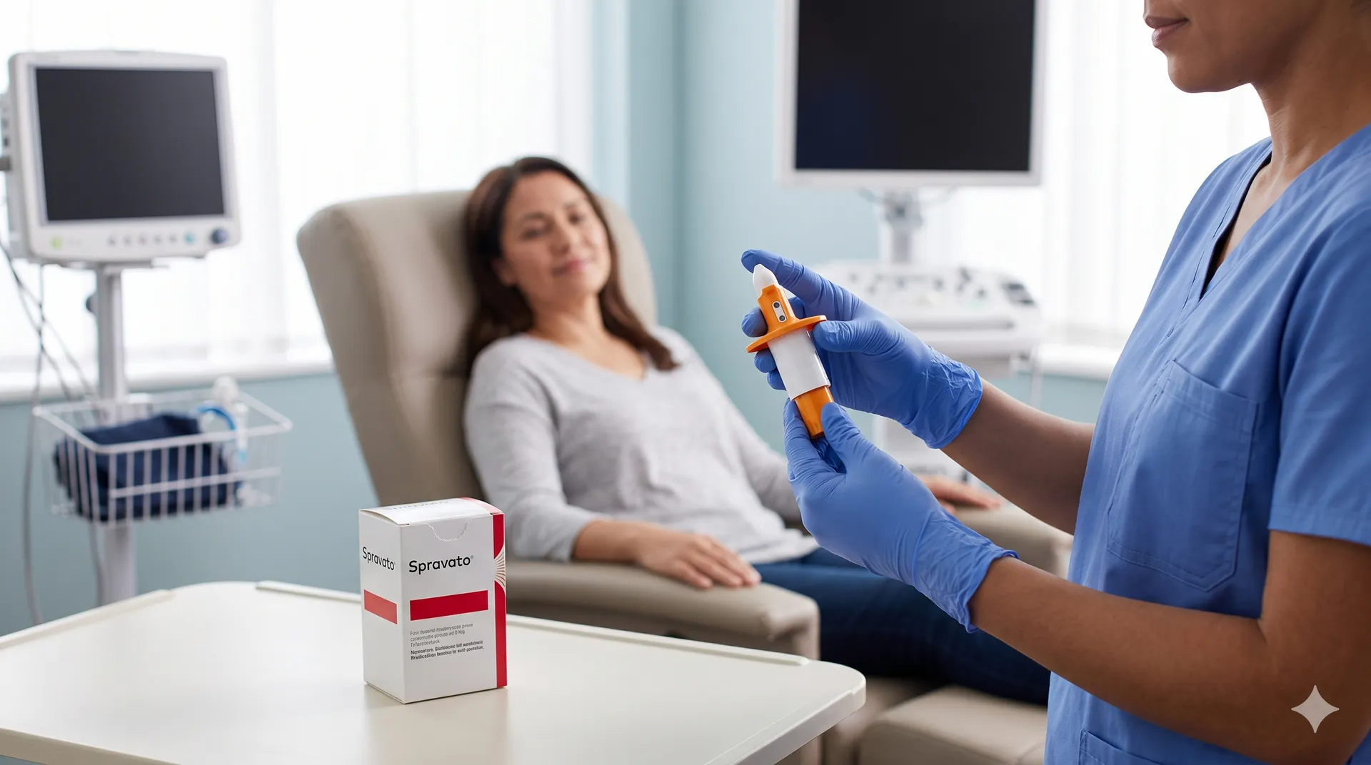 Nurse holding a syringe near a seated patient in a clinic exam room with medical equipment nearby