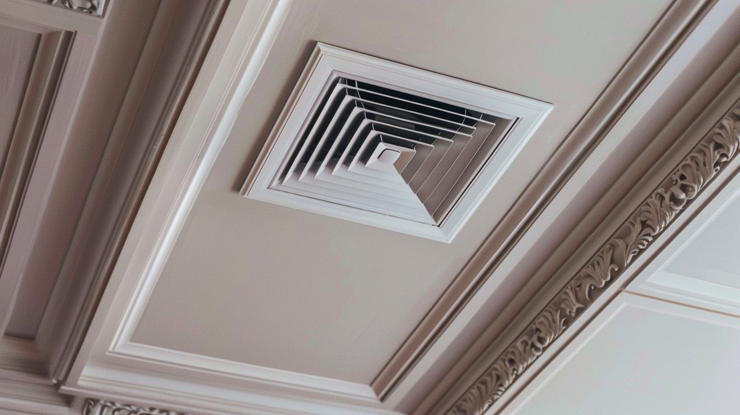 A square air vent on the ceiling of a room