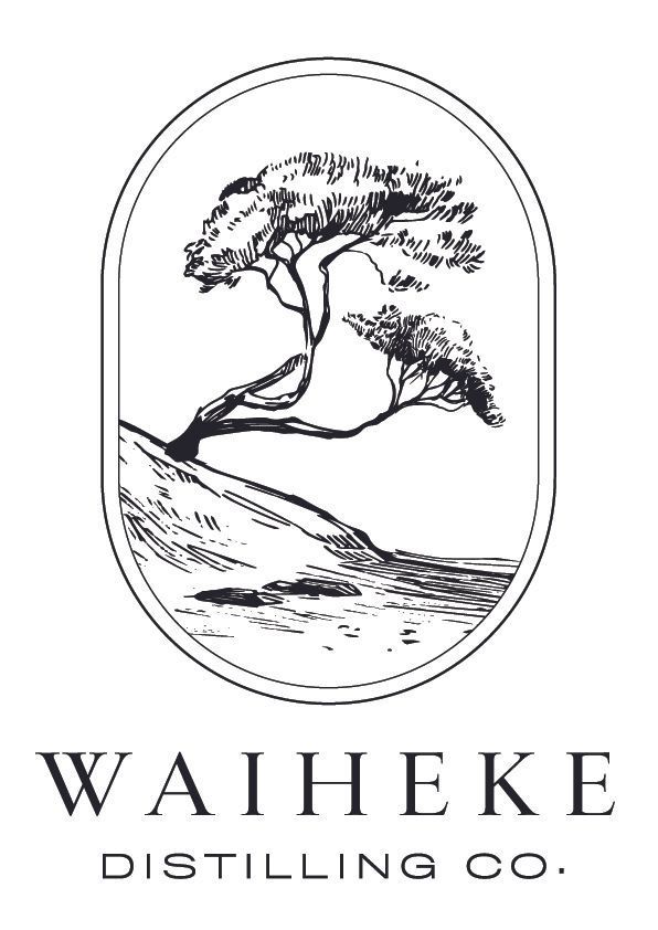 a black and white logo for a distilling company with a tree on a hill .