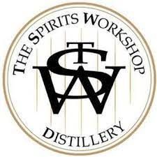the logo for the spirits workshop distillery is a black and white logo .