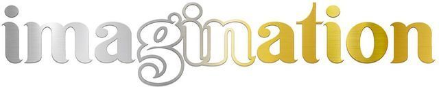 the word imagination is written in silver and gold on a white background .
