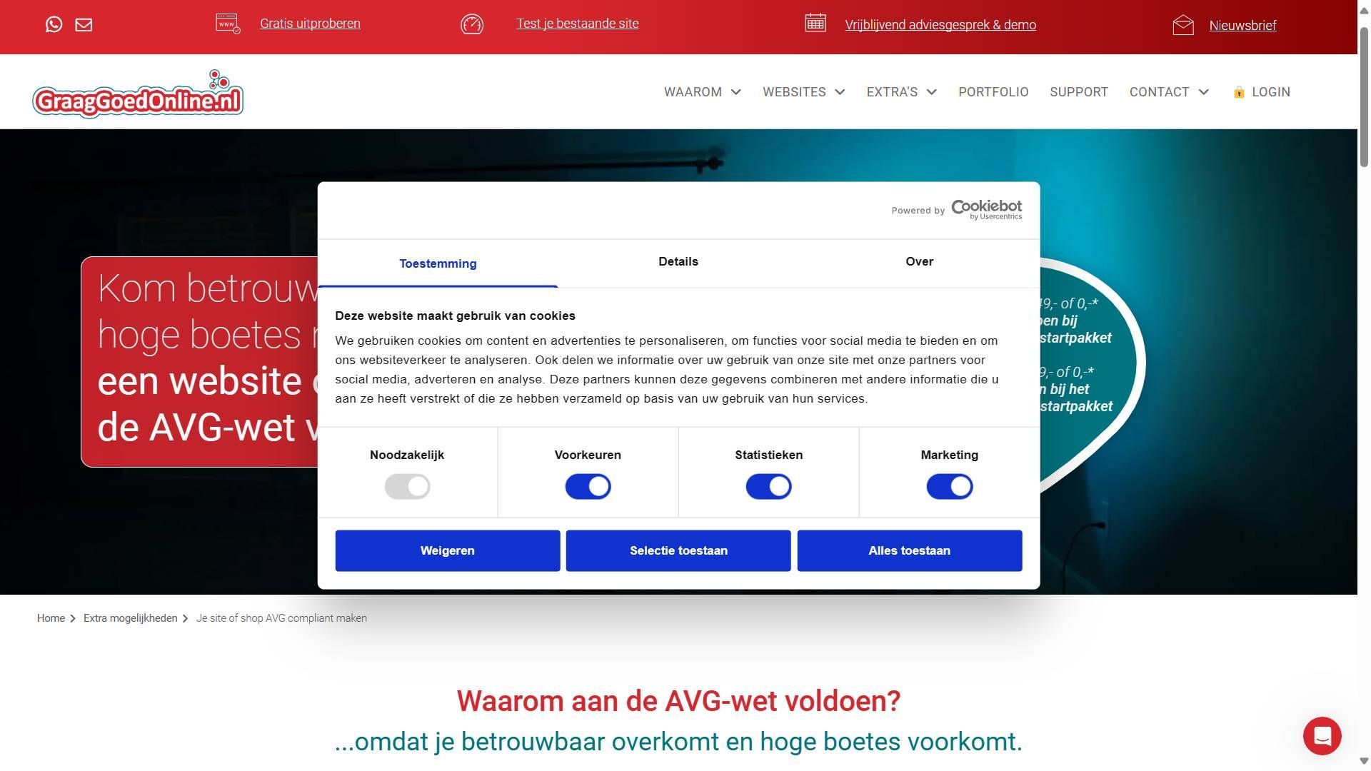 Een screenshot van de homepage van een website.