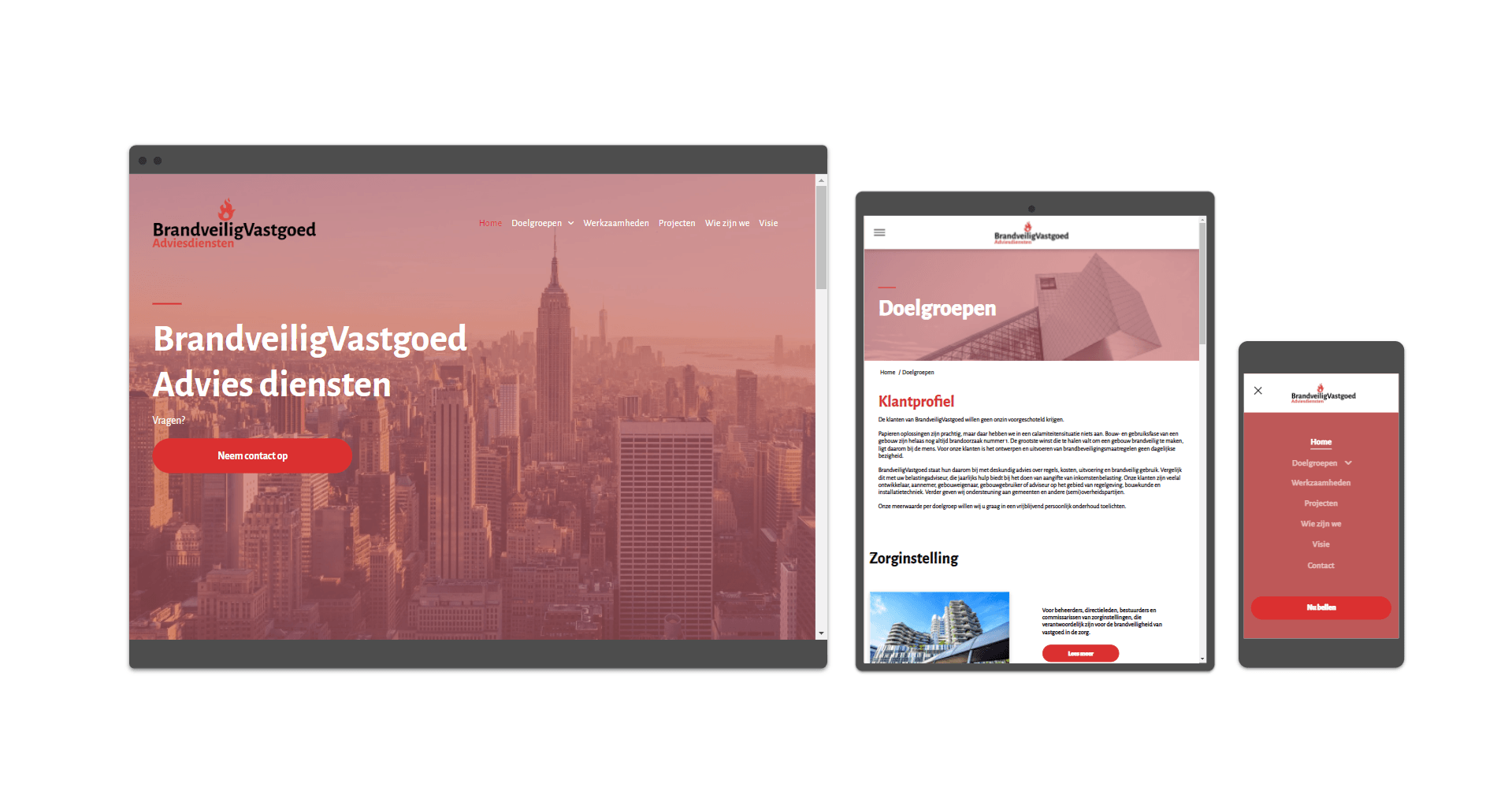Een screenshot van een website op een tablet, telefoon en computer.