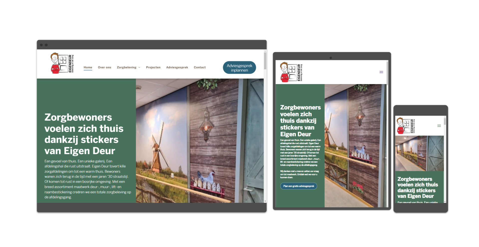 Een website wordt weergegeven op een computer, tablet en mobiele telefoon.