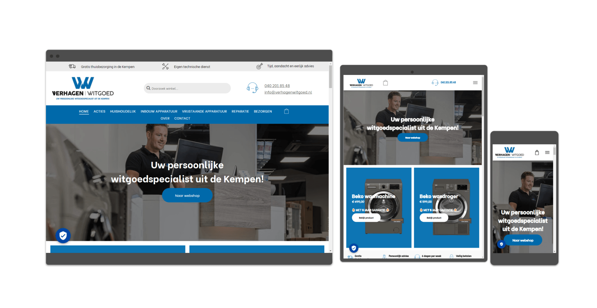Een website wordt weergegeven op een computer, tablet en mobiele telefoon.