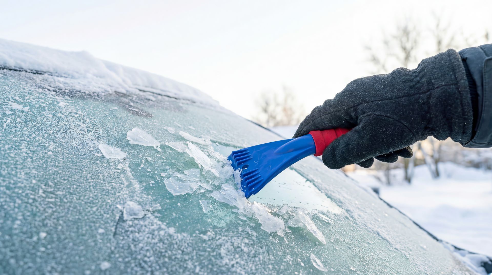 A male mechanic scraping the ice in the windshield A male mechanic scraping snow, ice scraper , with a cloudy background.