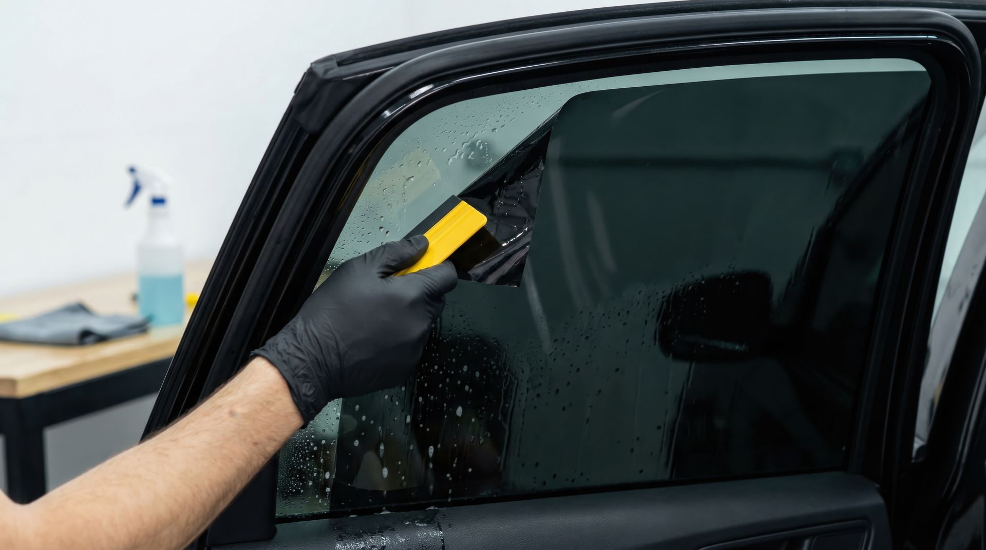 A person in black gloves using a yellow tool to apply tint to a car window.