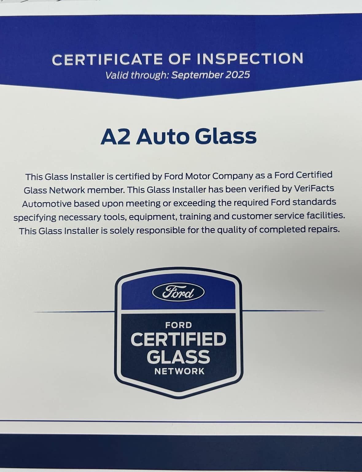 A certificate of inspection for a2 auto glass ford certified glass network