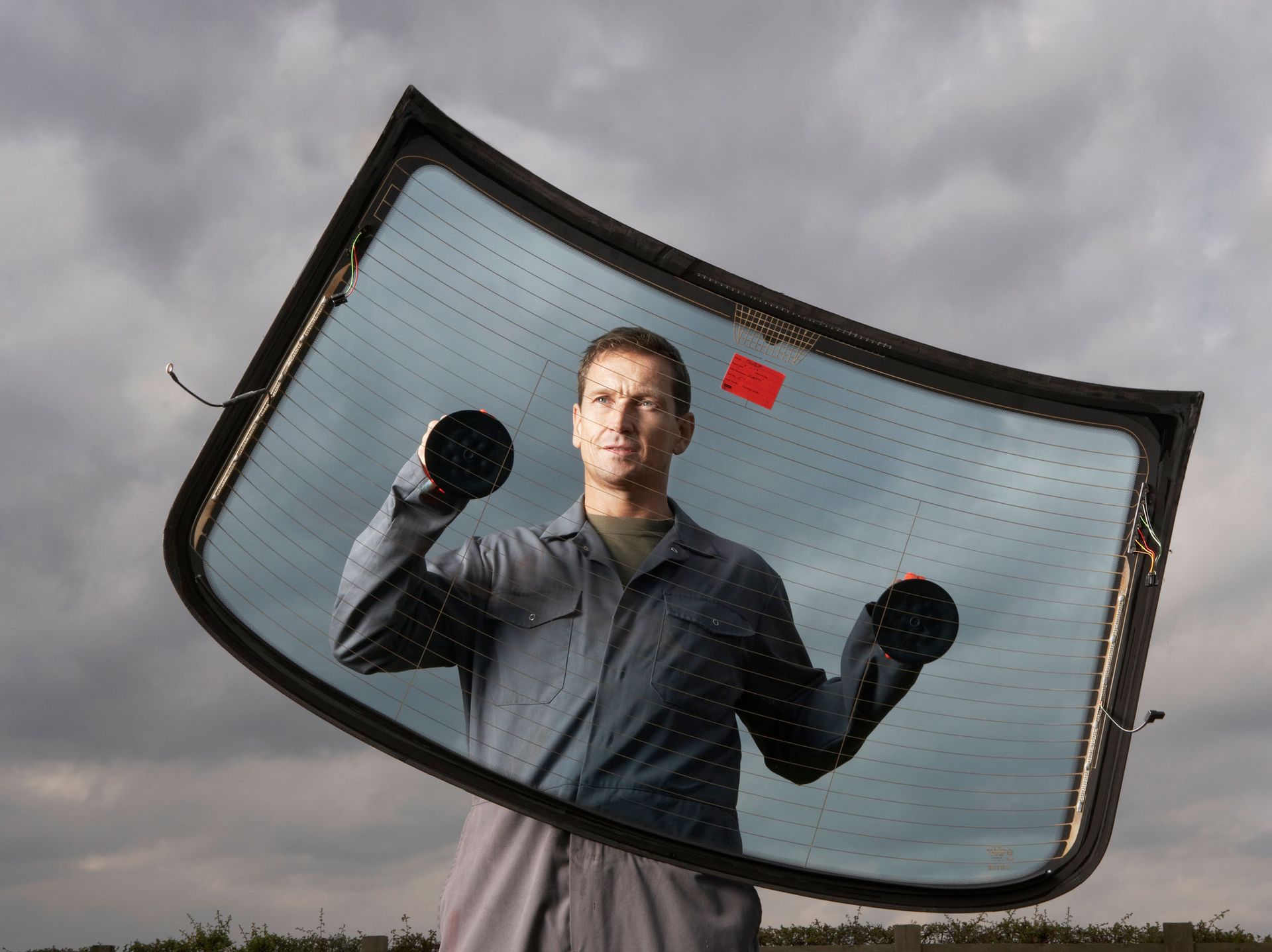 A male mechanic holds a rear windscreen with suction pads, with a cloudy background. A male mechanic holds a rear windscreen with suction pads, with a cloudy background.
