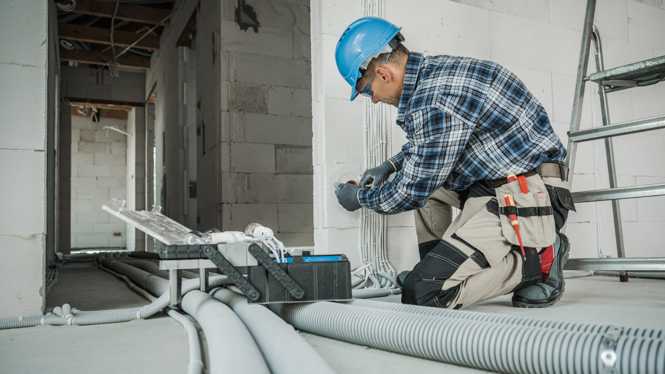 A man is kneeling down in a room while working on electrical wires.
