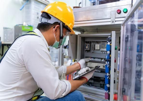 Man in hard hat and mask examining electrical panel, holding tablet.