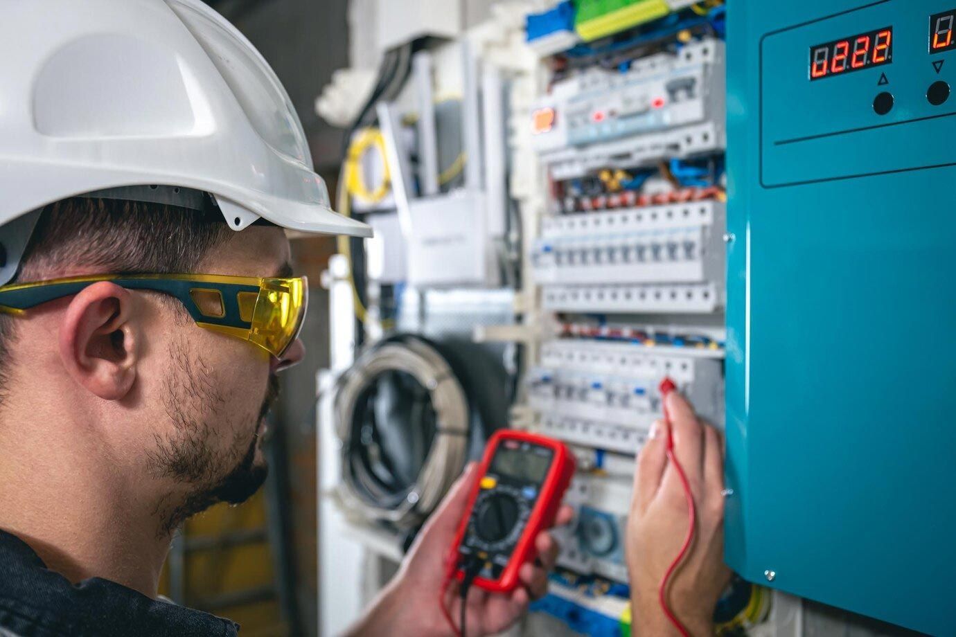 Electrician in a white hard hat and yellow safety glasses tests electrical panel with multimeter.