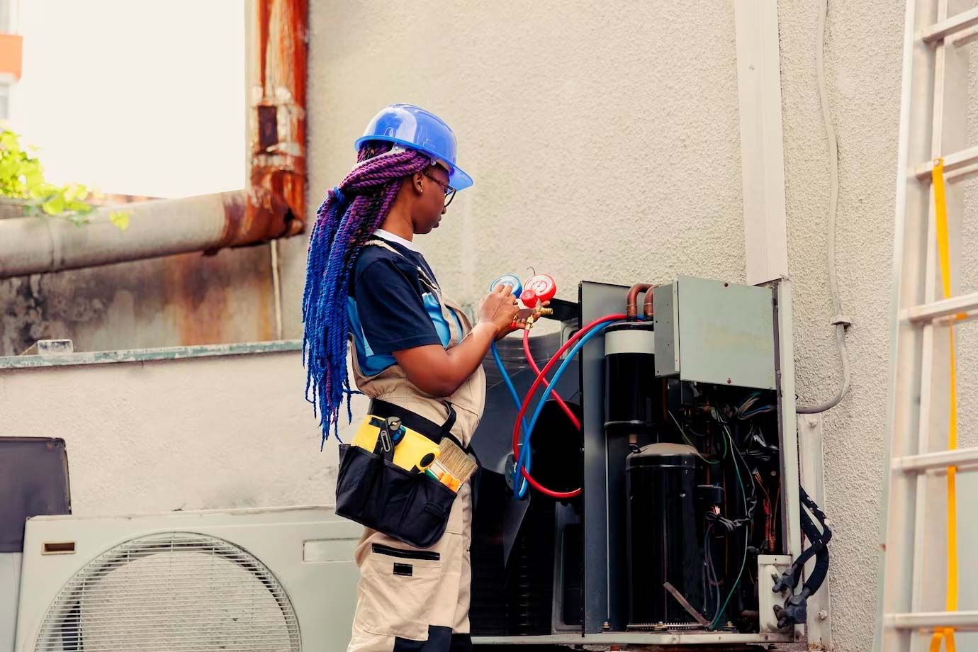 A person with blue hair and a hard hat is working on an air conditioning unit outside.