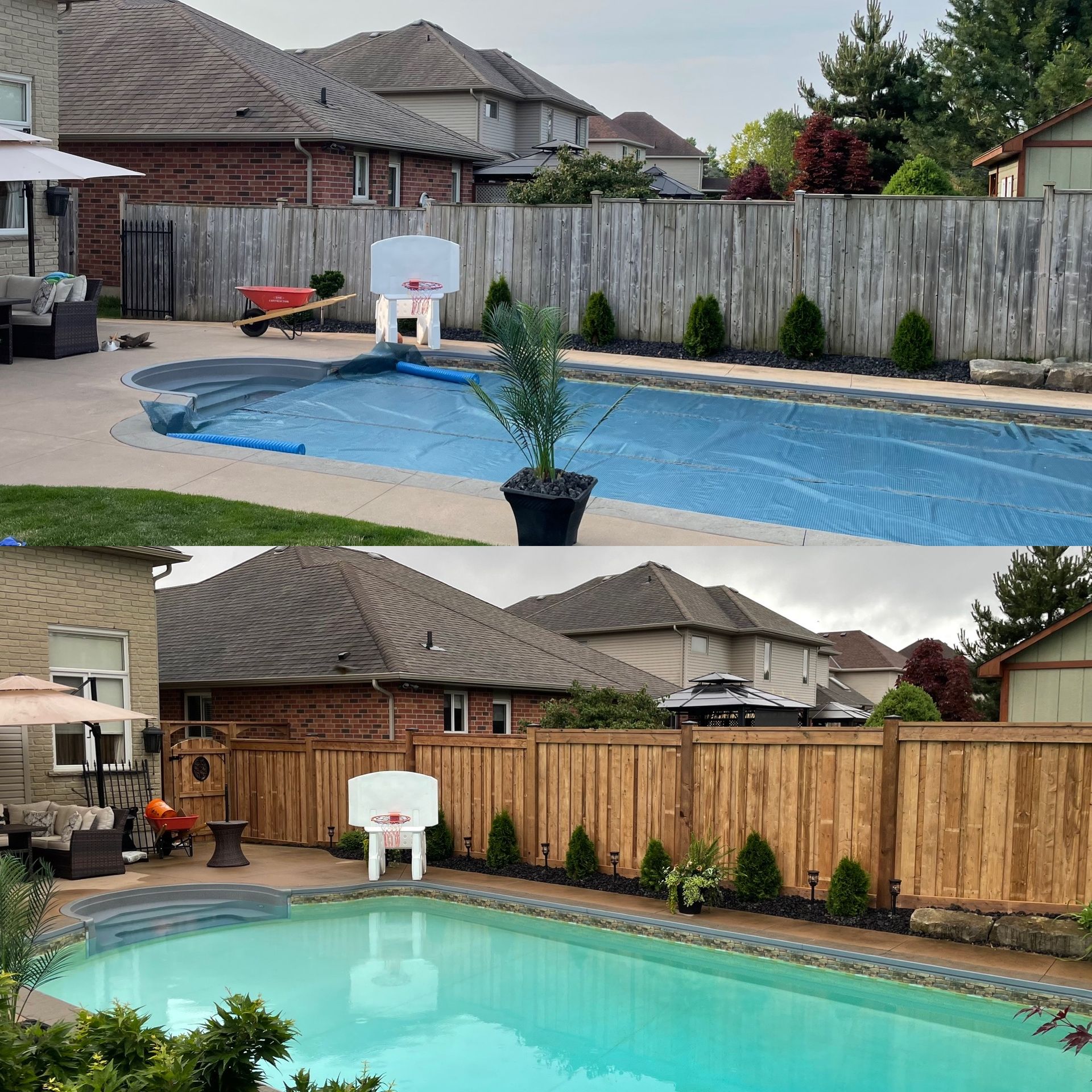 A before and after picture of a swimming pool with a wooden fence