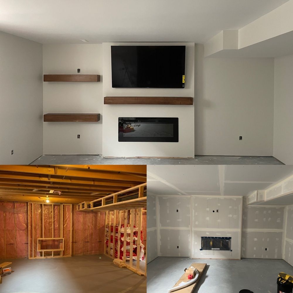 A collage of pictures of a living room under construction