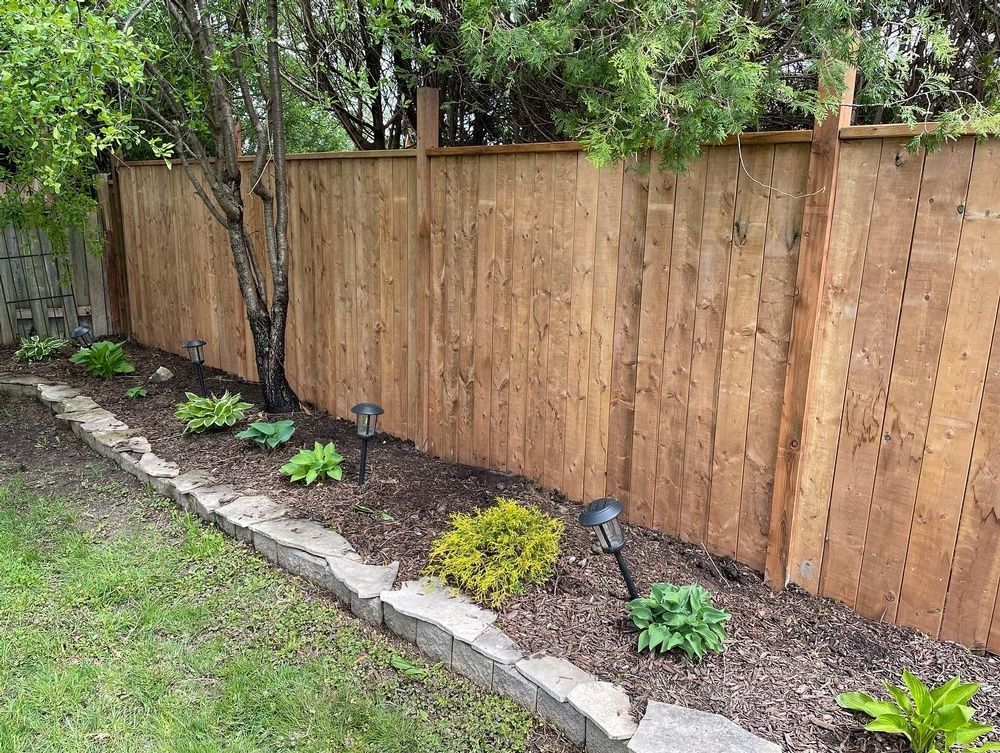 A wooden fence is surrounded by trees and plants in a backyard.