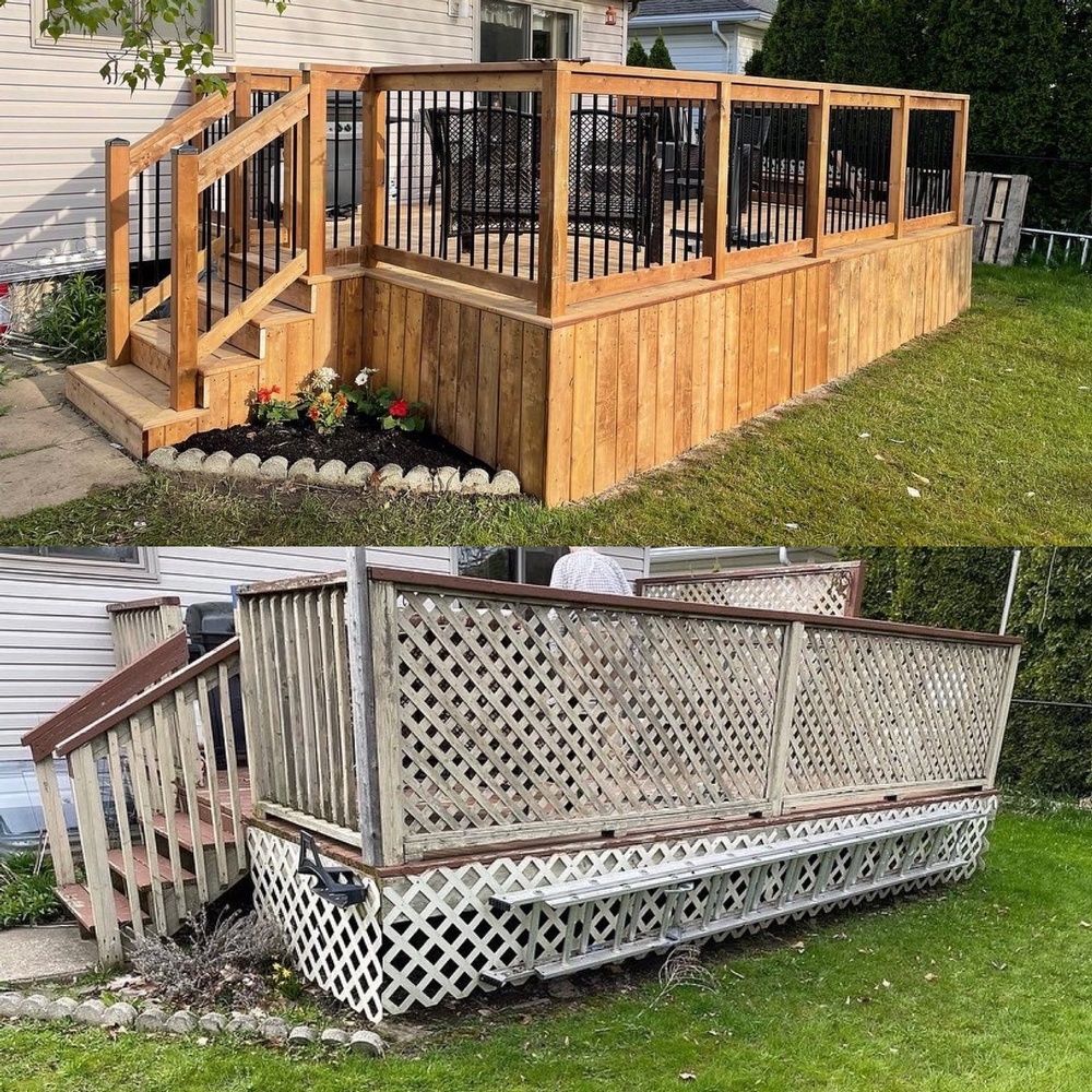 A before and after photo of a wooden deck in a backyard.