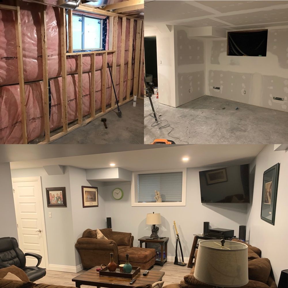 A collage of pictures of a living room being remodeled