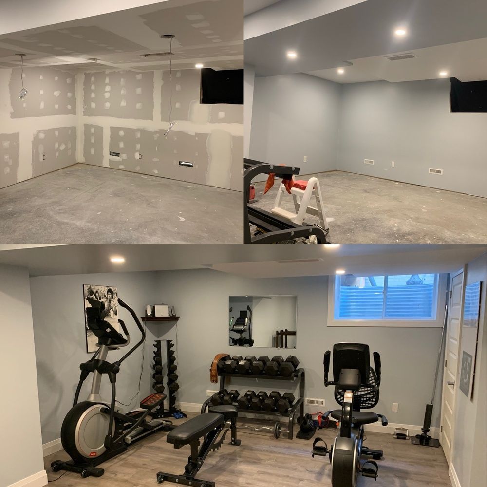 A collage of pictures of a basement gym before and after being remodeled