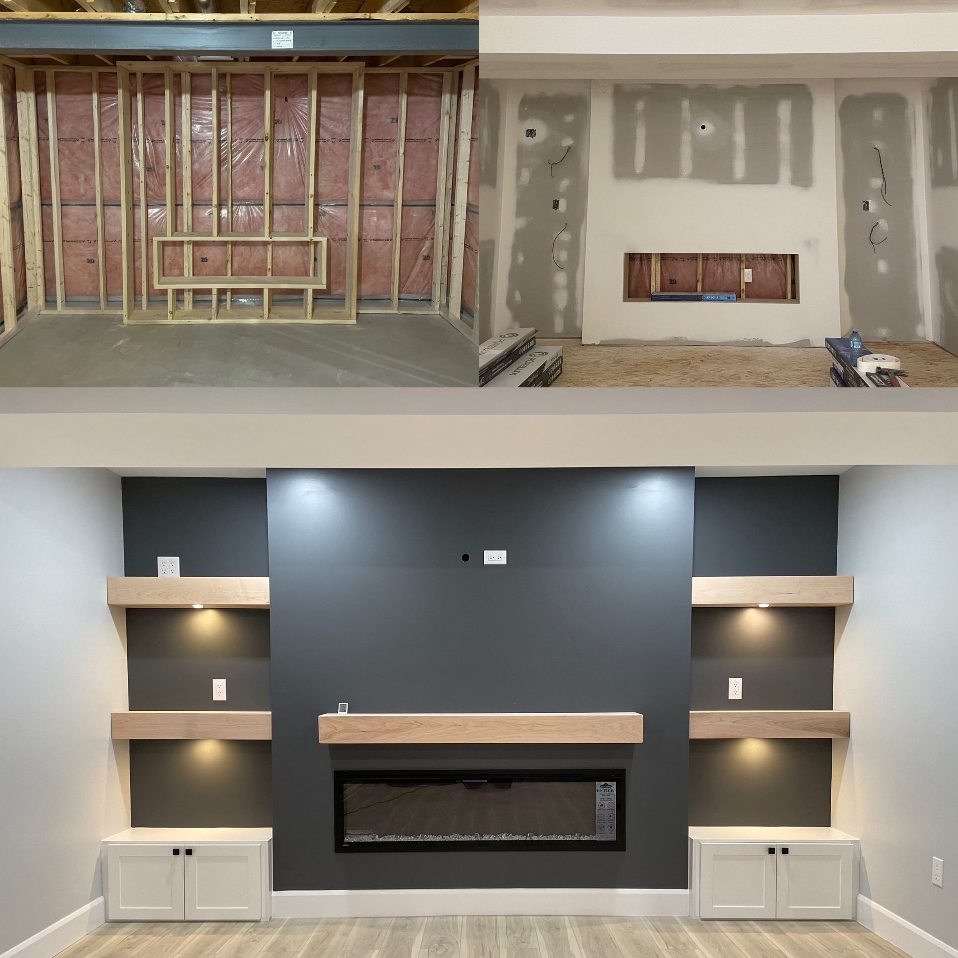 A before and after picture of a living room with a fireplace