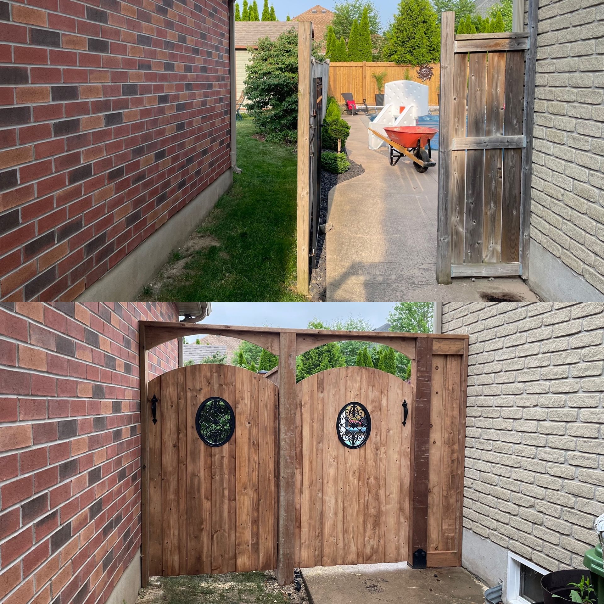 A before and after picture of a wooden gate