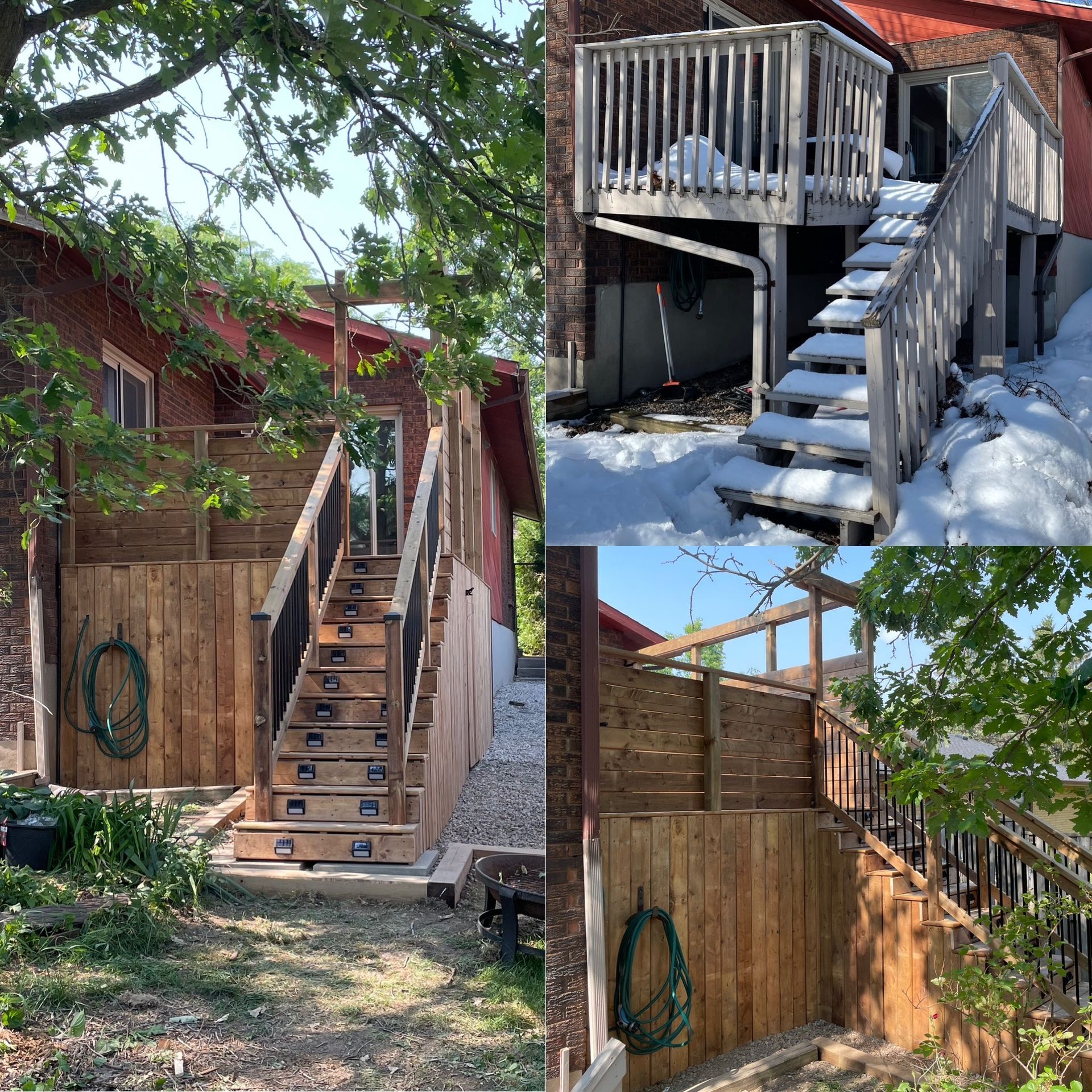 A wooden deck with stairs leading up to it