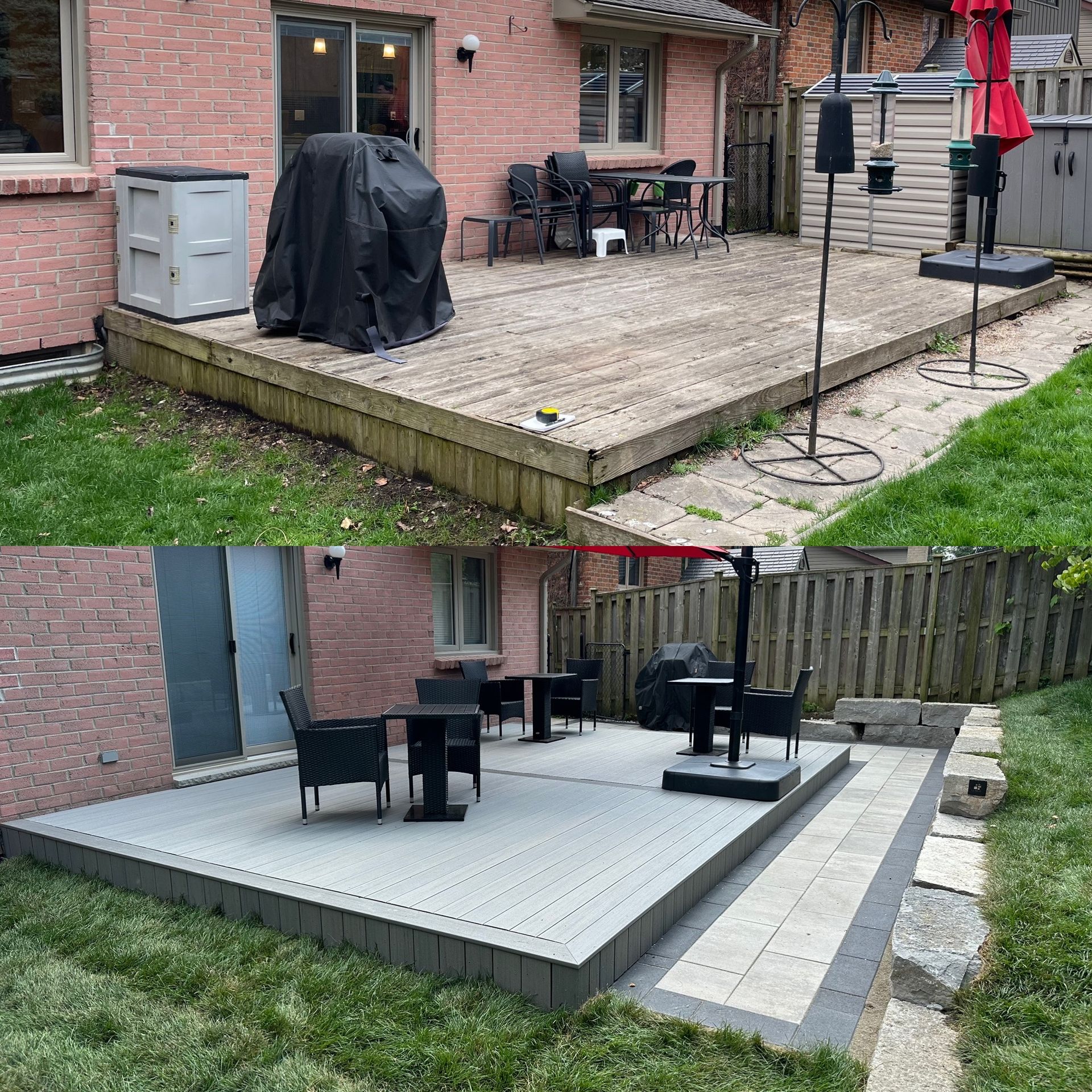 A before and after photo of a patio with a table and chairs.