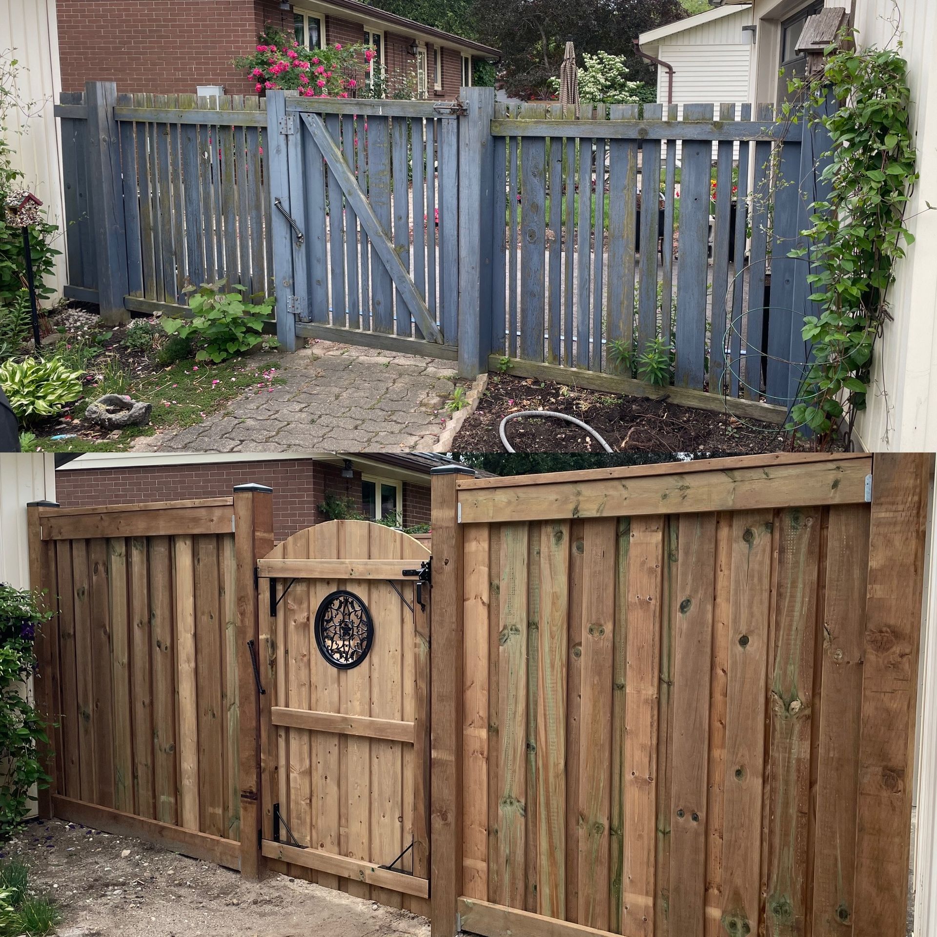 A wooden fence with a gate in front of a house.