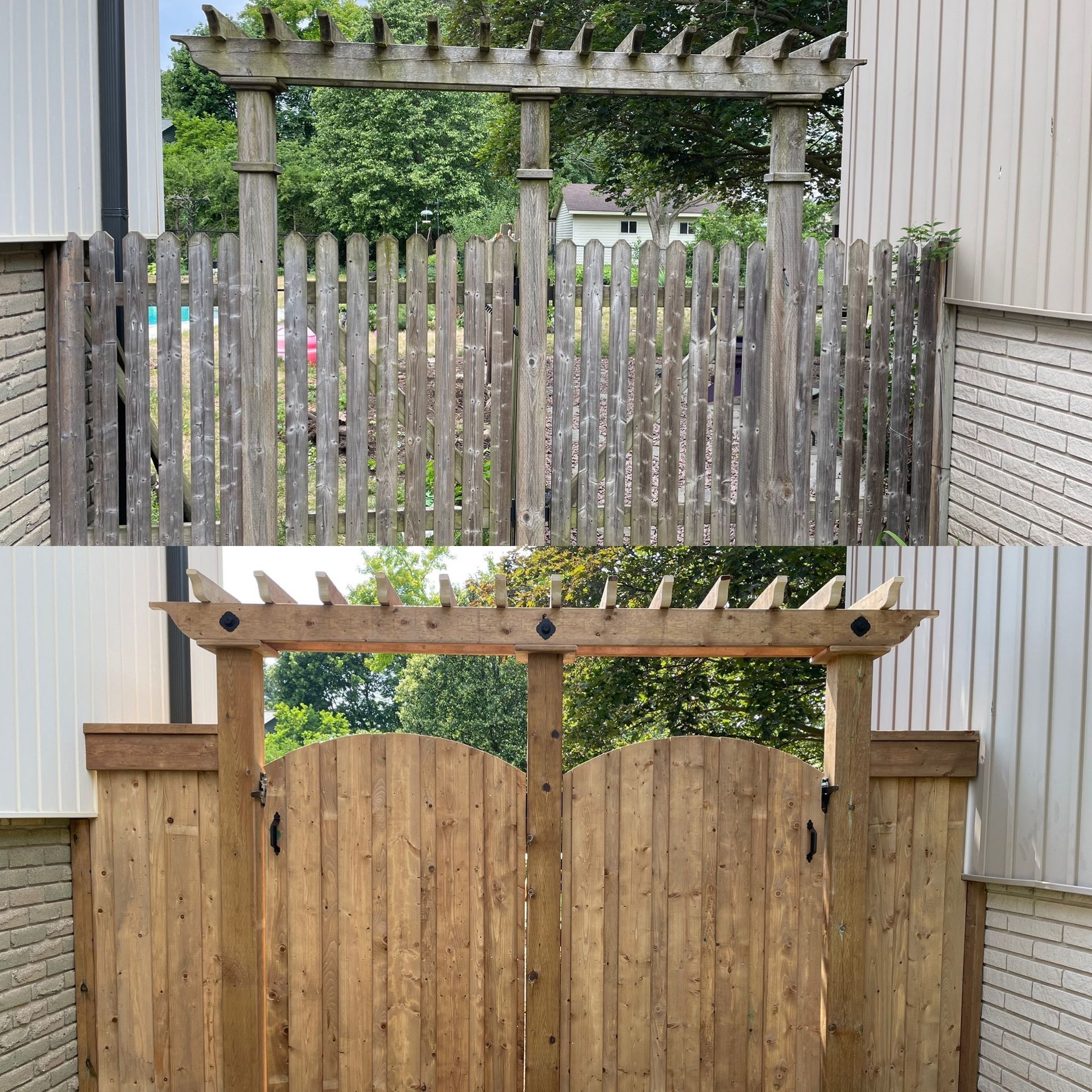 A before and after photo of a wooden fence with a pergola attached to it.