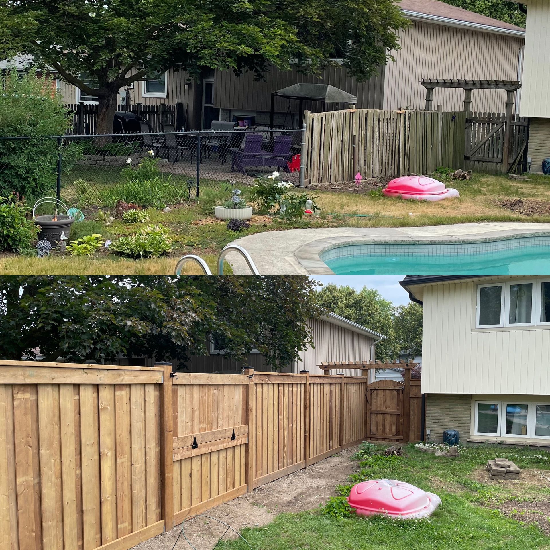 A before and after photo of a backyard with a wooden fence and a pool.