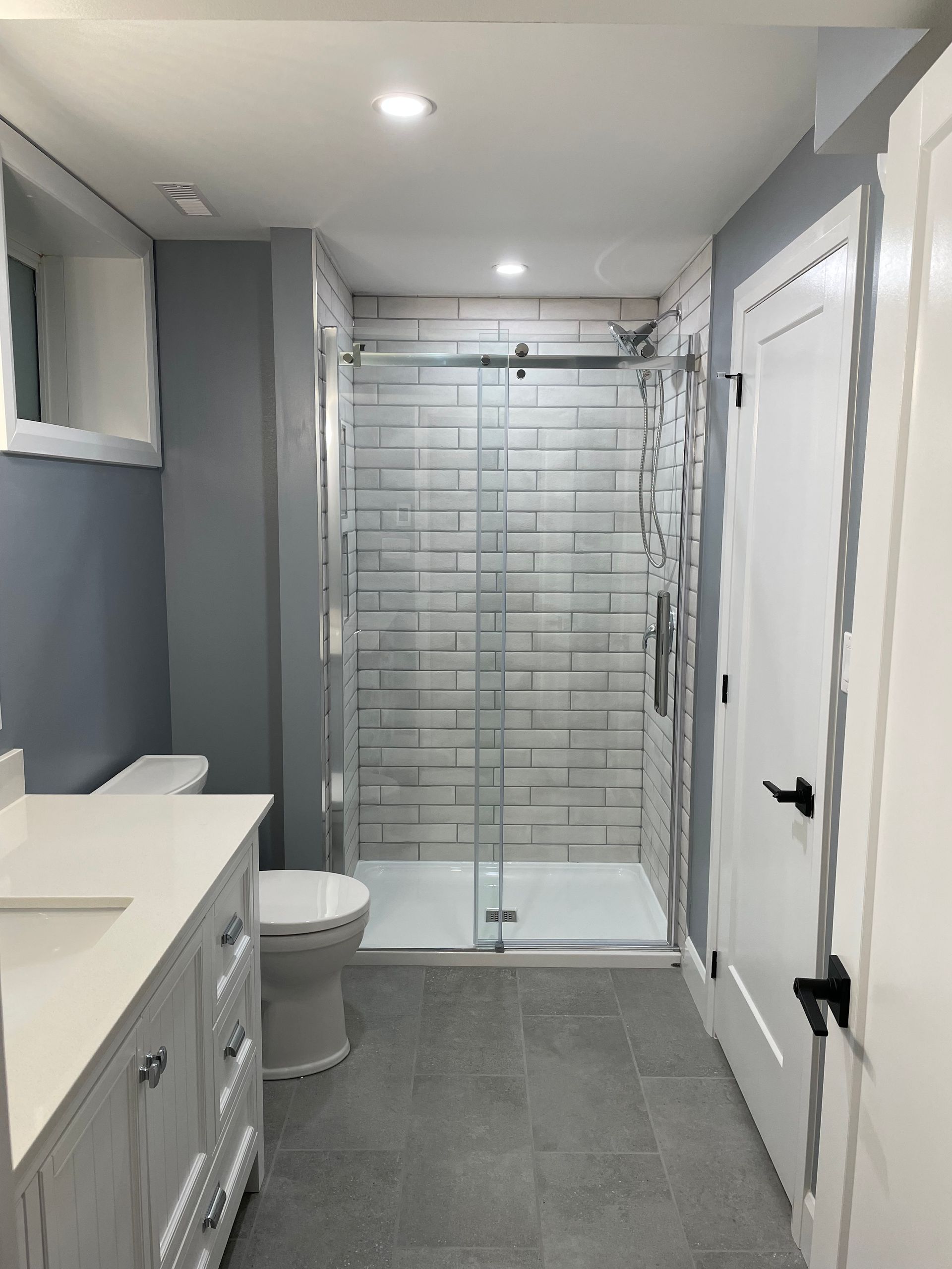 A bathroom with a toilet a sink and a walk in shower