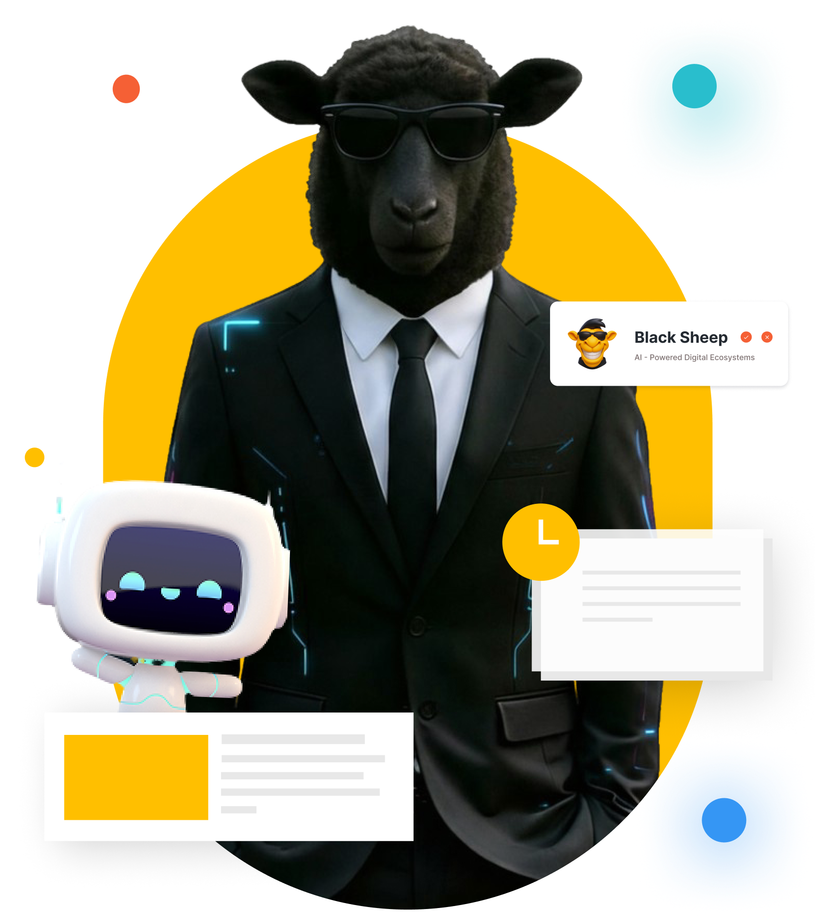 Black sheep in suit and sunglasses with a robot and speech bubbles on a yellow background.