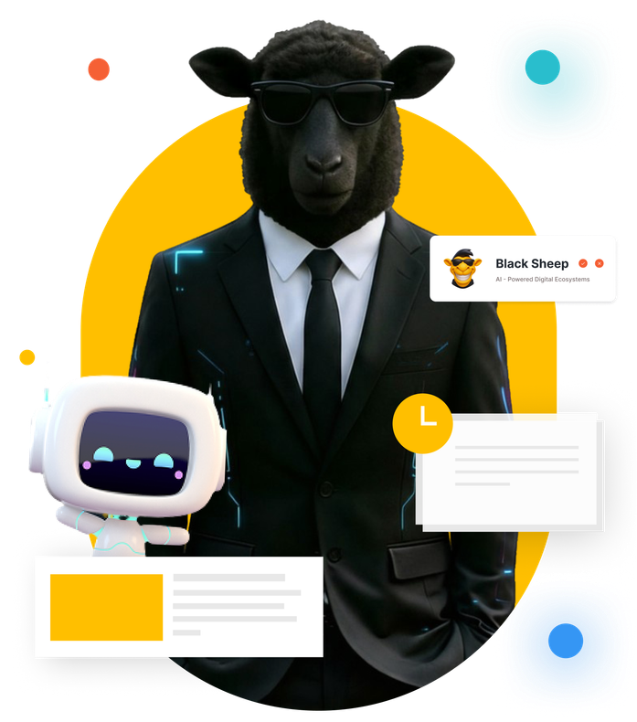 Black sheep in suit and sunglasses with a robot and speech bubbles on a yellow background.