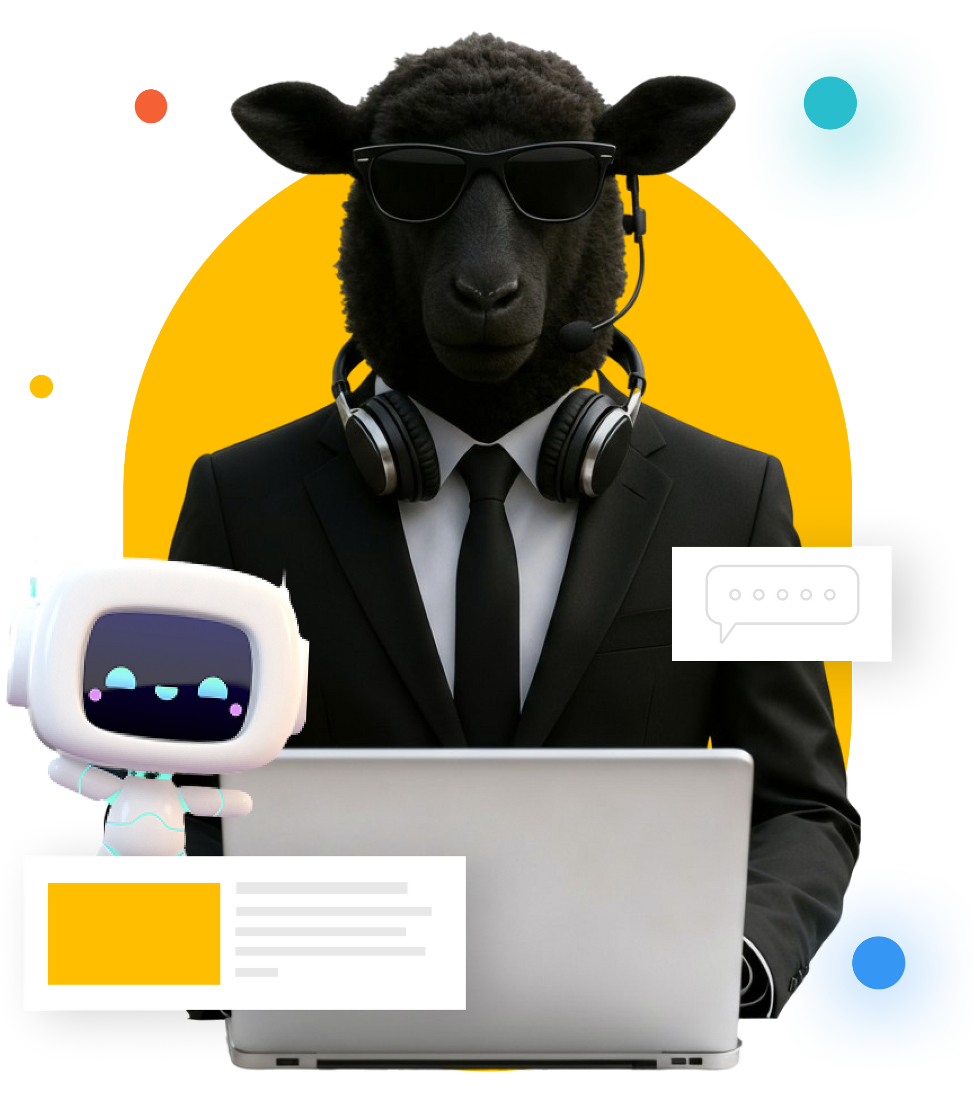 Black sheep wearing sunglasses, headset, and suit, working on a laptop with robot and chat bubbles.