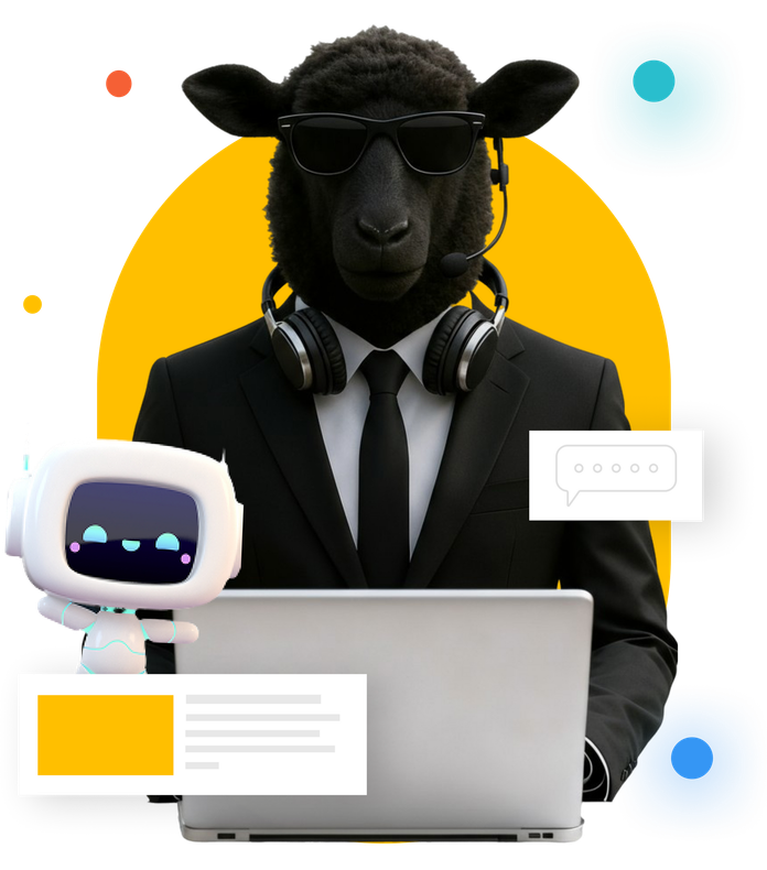 Black sheep wearing sunglasses, headset, and suit, working on a laptop with robot and chat bubbles.