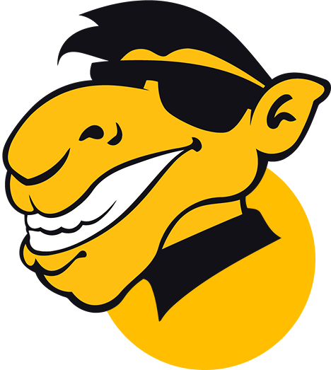 Yellow smiling camel wearing a black band, against a yellow circle.