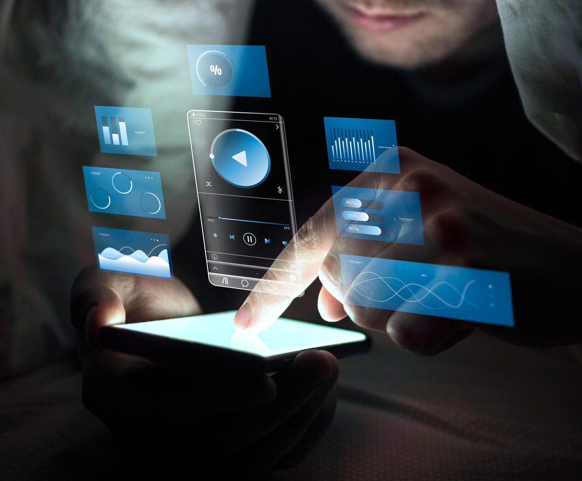 Person using smartphone, glowing blue interface overlays.