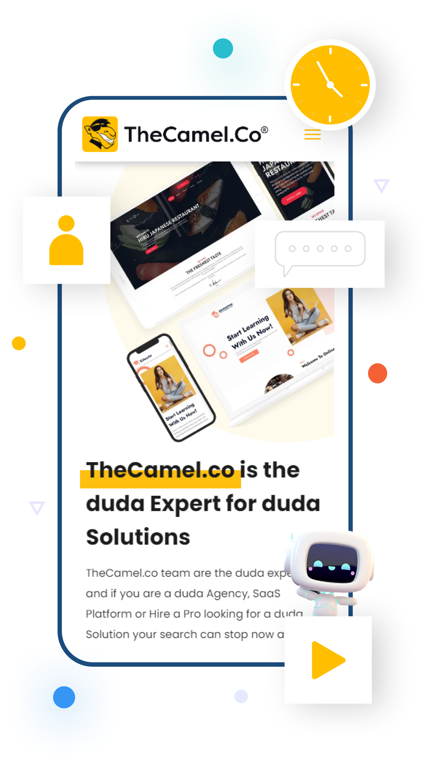 TheCamel.co website on a smartphone screen, showcasing Duda solutions with design elements like a clock, user icon, and a play button.