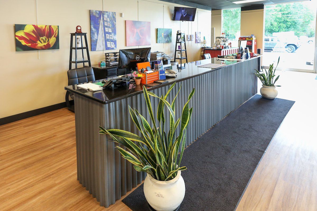 A long reception desk with a potted plant in front of it.