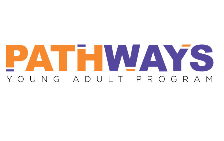 The logo for pathways young adult program is orange and purple.