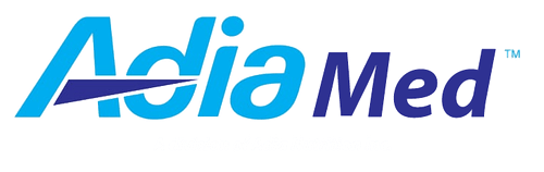 AdiaMed logo in blue and black with a stylized swoosh above the text