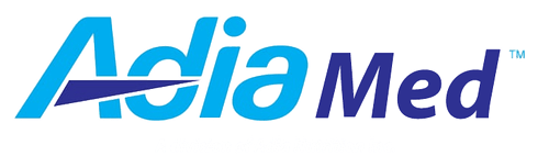 AdiaMed logo in blue gradient text with a swoosh underline