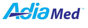 AdiaMed logo in blue and black with a stylized swoosh above the text