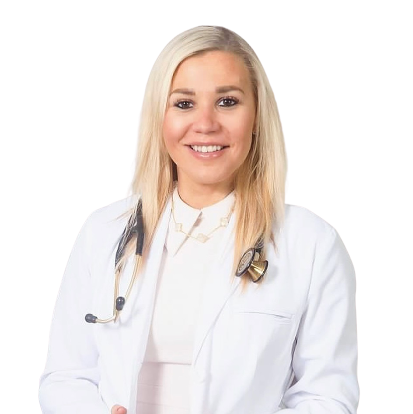 Smiling medical professional in a white coat with a stethoscope against a white background