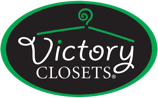 The logo for victory closets shows a hanger with a spiral on it.