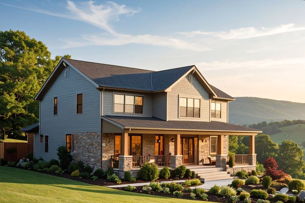 A two story house with a large porch is sitting on top of a lush green hillside.