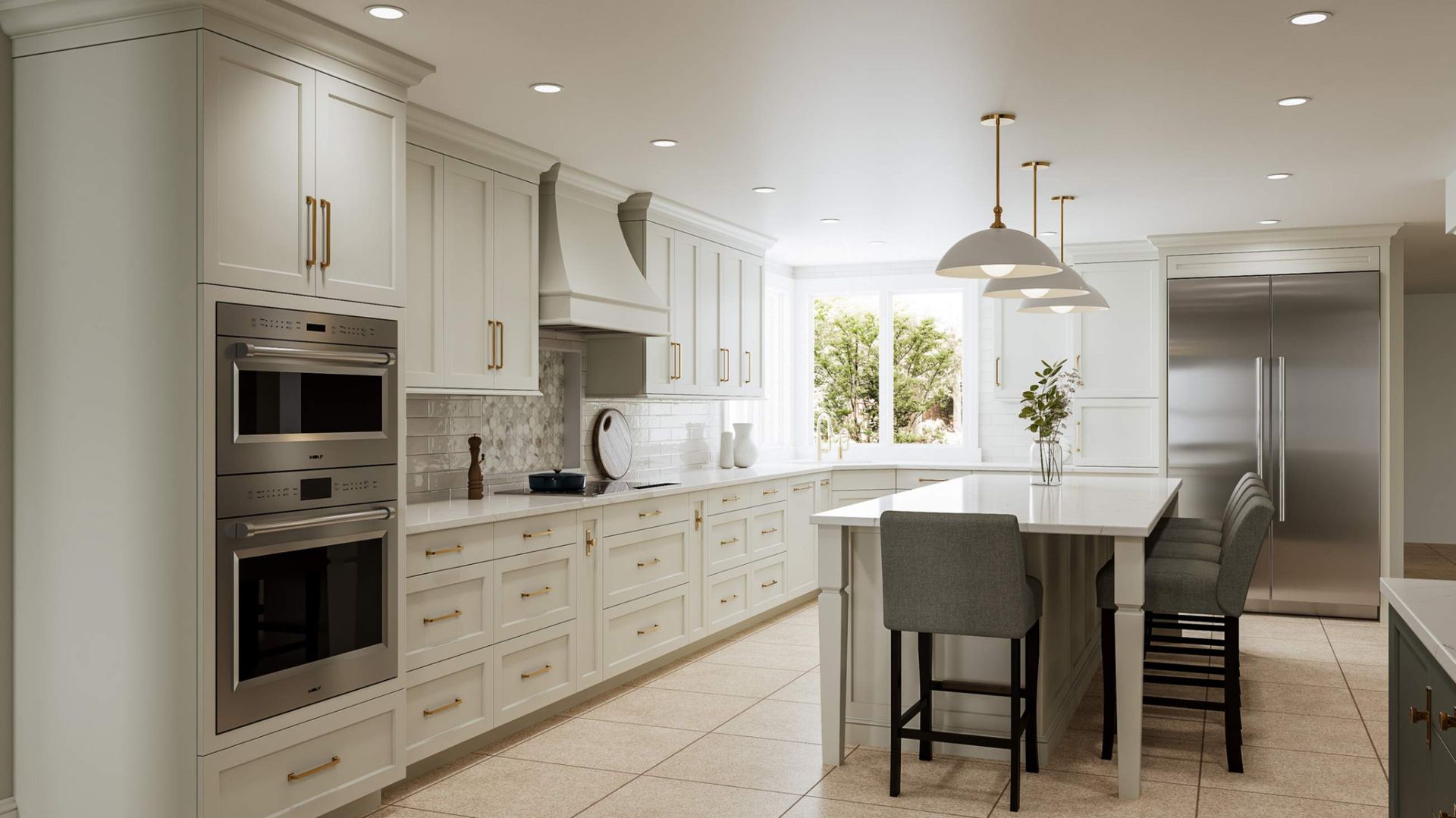 A kitchen with white cabinets , stainless steel appliances , and a large island.